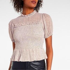 Express Light Blush Pink Dot Peplum Cropped Puff Sleeve Top -Medium - NWT